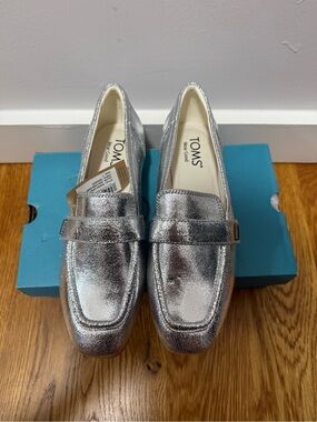 TOMS Silver Metallic Penny Loafers Women